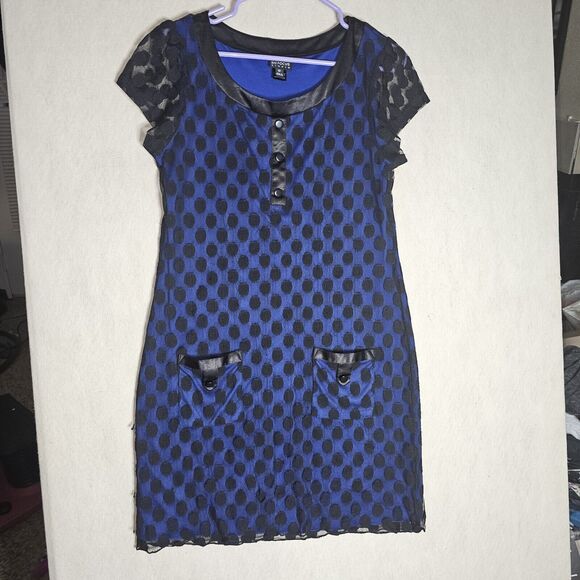 Enfocus Studio Blue Dress Women Size 12 Black Polka Dot Mesh Layer w Pockets - Picture 9 of 10